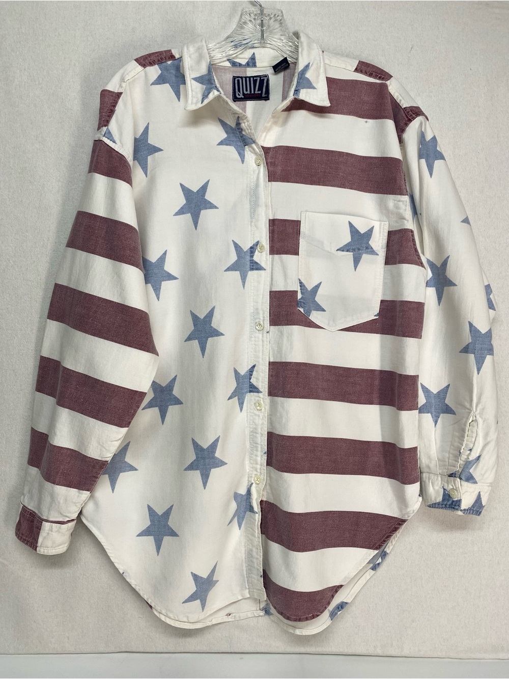 Vintage Quizz Large Stars Stripes Long Sleeve Button Up USA America Patriotic